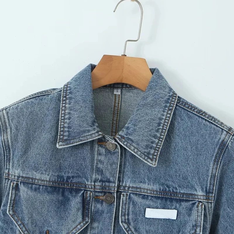 Lavado denim ultracurto jaqueta outono inverno sólido azul casaco feminino senhora do escritório topos fino ajuste feminino bolso decoração roupas