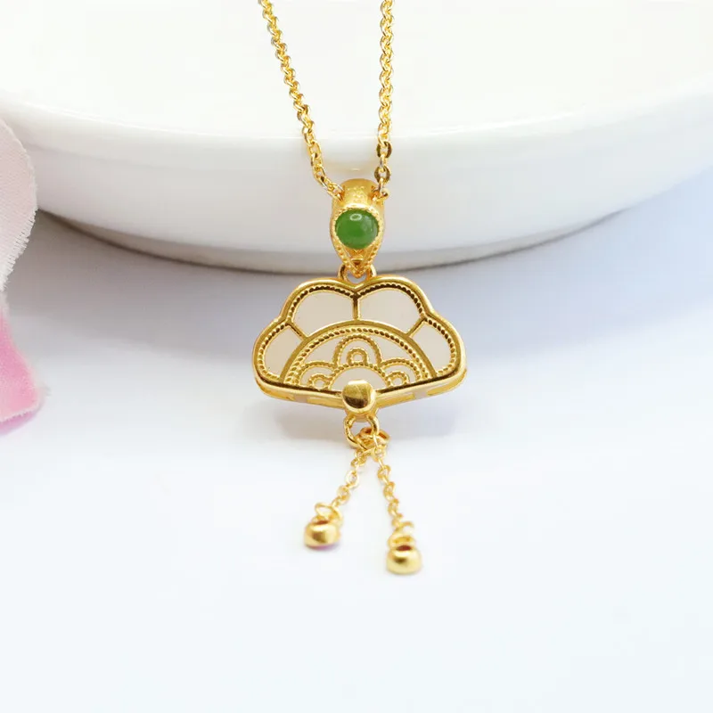 

S925 Silver Fan Pendant Natural White Hetian Jade Elegant Necklace HT2092705