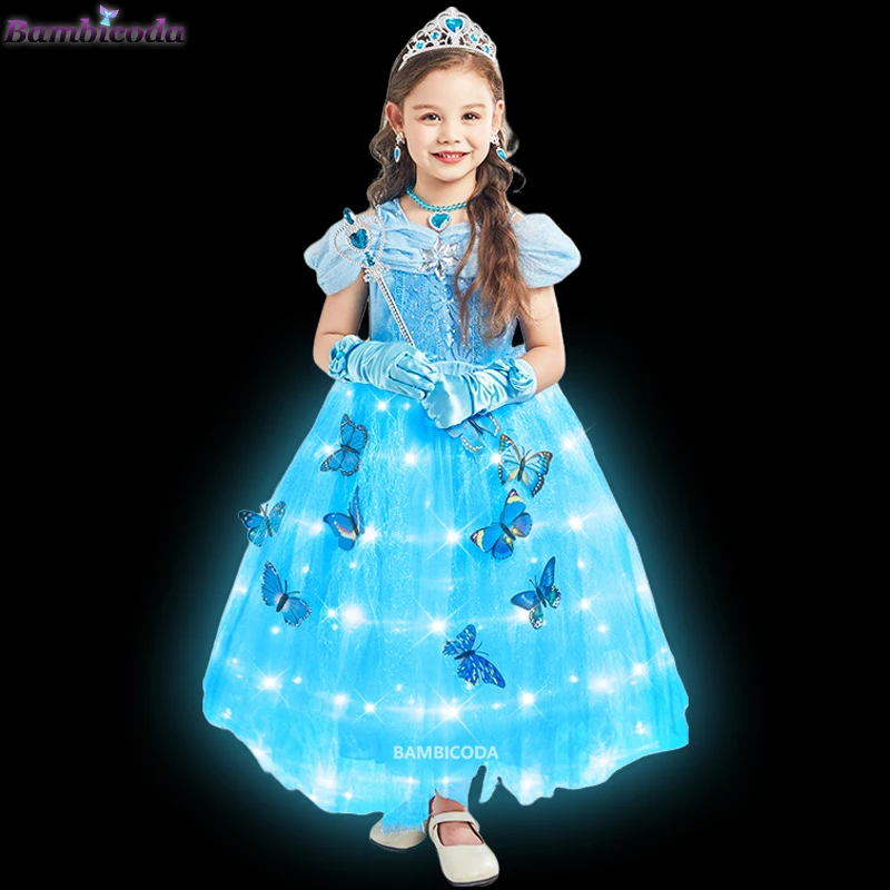 Cinderella Cosplay Costume Kids LED Light Dress Up Clothes for Girls Sequins Princess Dress Crown Glove Birthday Party Ball Gown