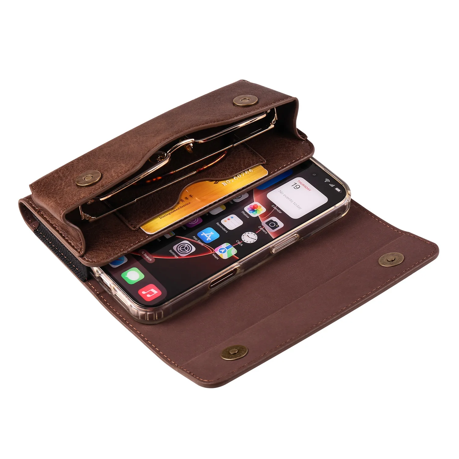PU leather mobile phone waist bag with belt, multi-functional double-layer flip cover horizontal magnetic waist bag