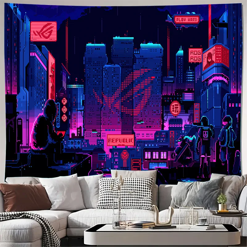 Cyberpunk City Neon Lights Urban Night Scene Wall Tapestry Machine Washable All Season Decor Print Futuristic Art Design Home