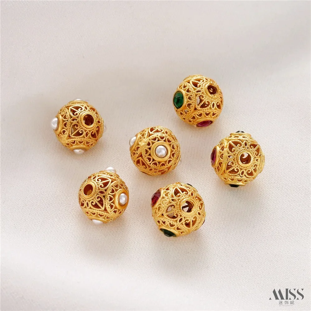 18K Gold Matte Gold Color Hollow Round Beads Inlaid with Colored Diamonds Bead Spacer DIY Bracelet Necklace Beaded Accessories
