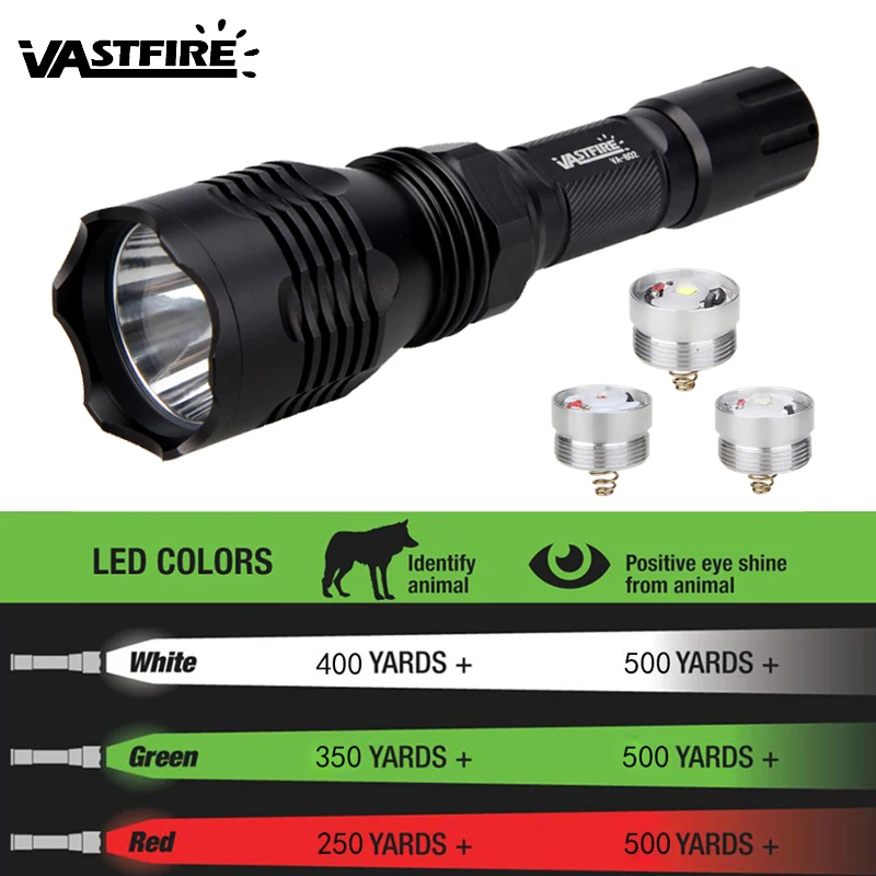 Vastfire ไฟฉาย LED สำหรับล่า VA-802แสงสีเขียว/แดง/ขาว, ไฟฉายไฟฉายไฟฉายสำหรับล่าสัตว์ใช้ชาร์จแบตเตอรี่แบบ USB 18650ตัวยึดปืน