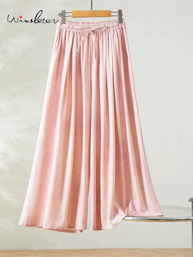 

Winsleter-Women 100%Real Silk Elegant Trousers, Elastic Waist Solid, Basics Casual Loose Wide Leg Pants, 2025 Summer B56945CC