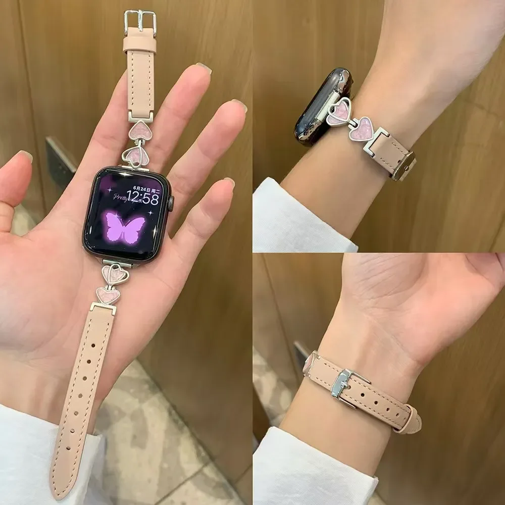 Отличная кожаная петля в форме сердца для Apple Watch, женский ремешок 10/9/8/7/6/5/4/3 SE, 38 мм, 40 мм, 41 мм, 42 мм, 44 мм, 45 мм, 46 мм, 49 мм, ремешок