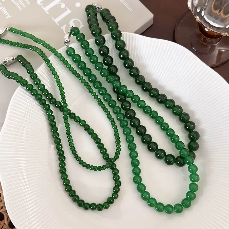 Minar 2024 New 4 6 8 10mm Green Color Glass Beads Strand Beaded Necklace for Women Female Silver Plated Toggle Clasp Chokers