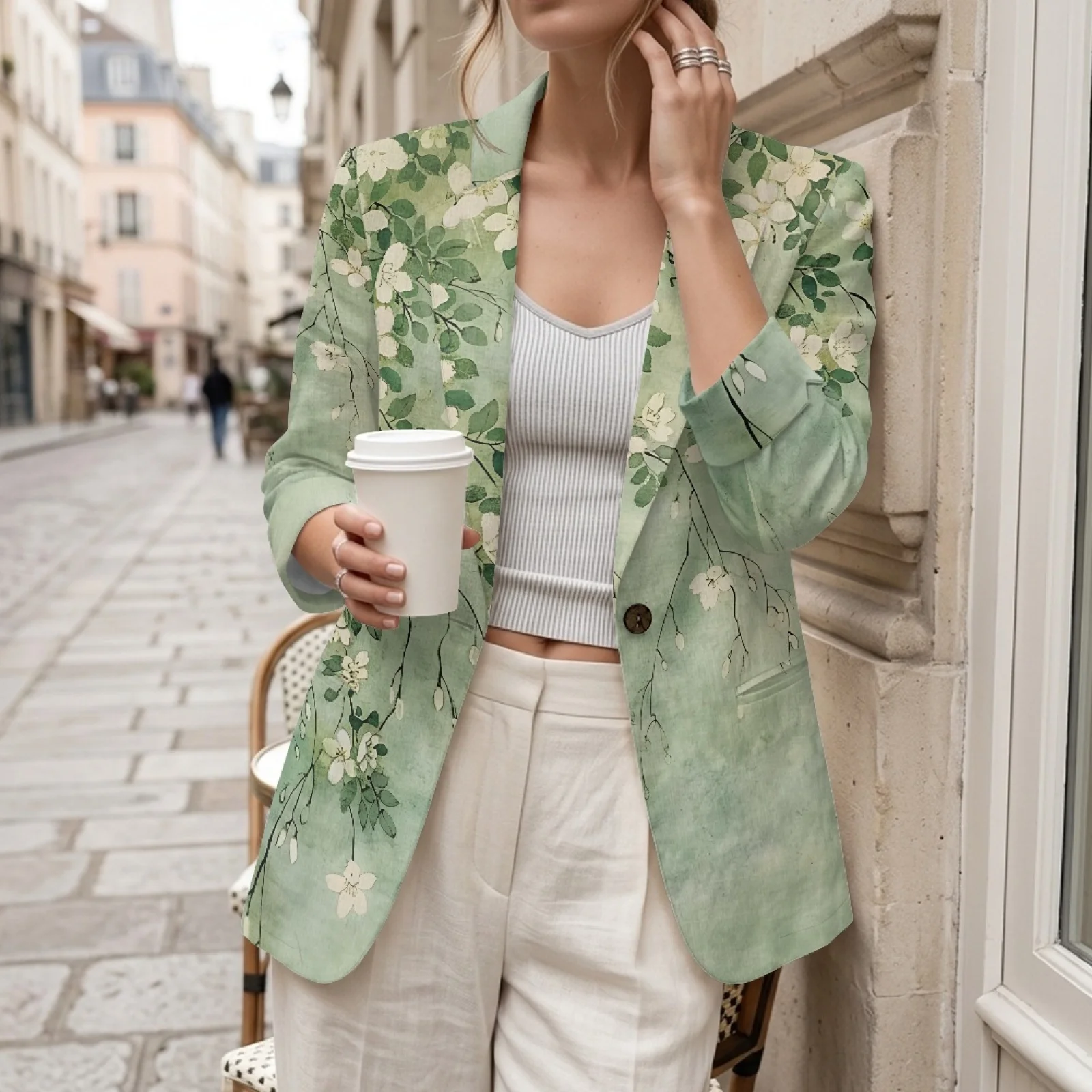 PENSTROLL Green Floral Branch Linen Like Open Front Cardigan for Daily Breathable Cardigans Beach Cardigan view 3