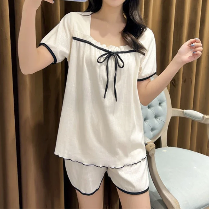 Pajama Sets Women Thin Home Temper Bow Panelled Summer Loose Students Ulzzang Square Collar Sleepwear All-match Sweet Casual New