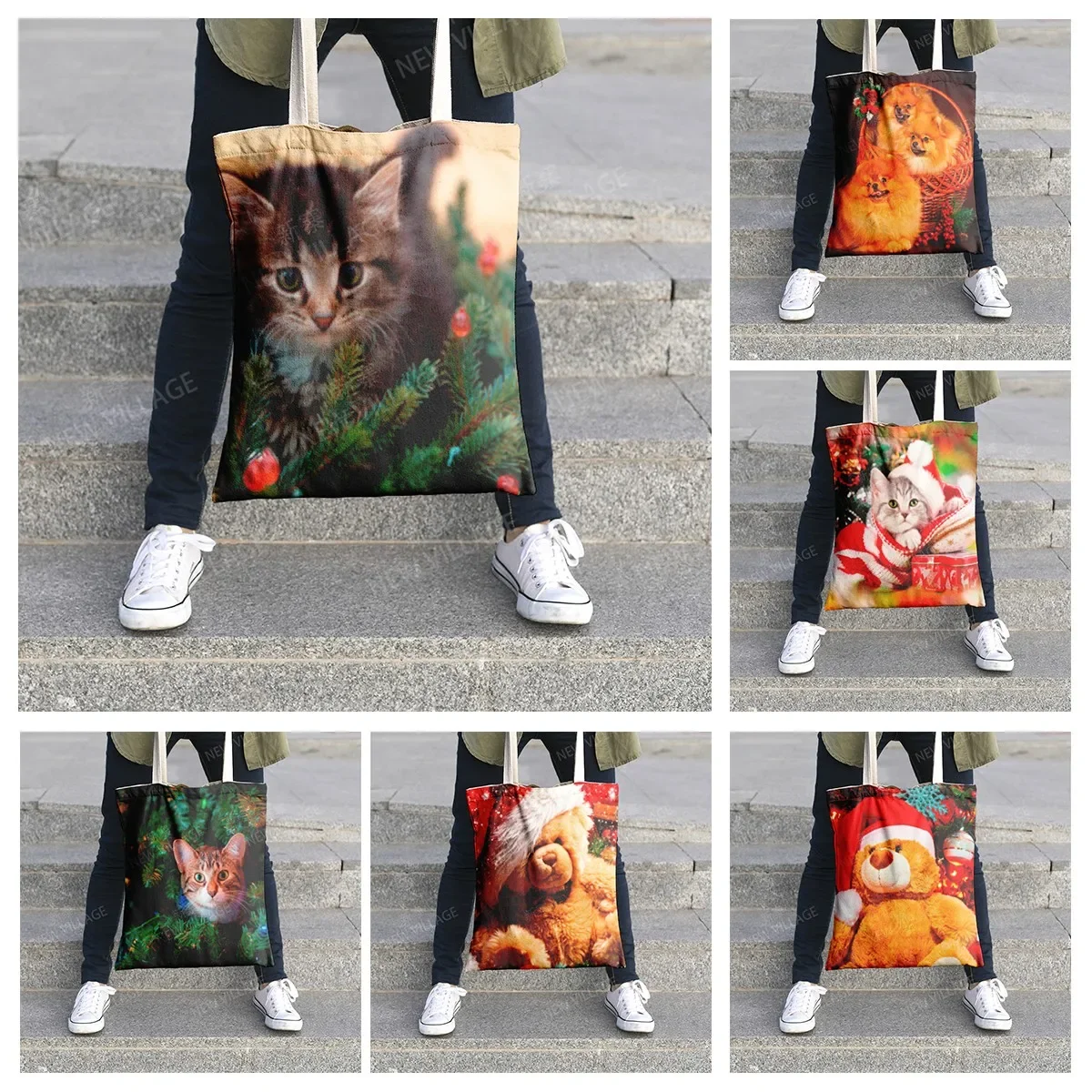 Travel pouch tote bags for women Christmas cats and dog organizer Shopper bag canvas Cosmetic bag for makeup Storage Shopper bag