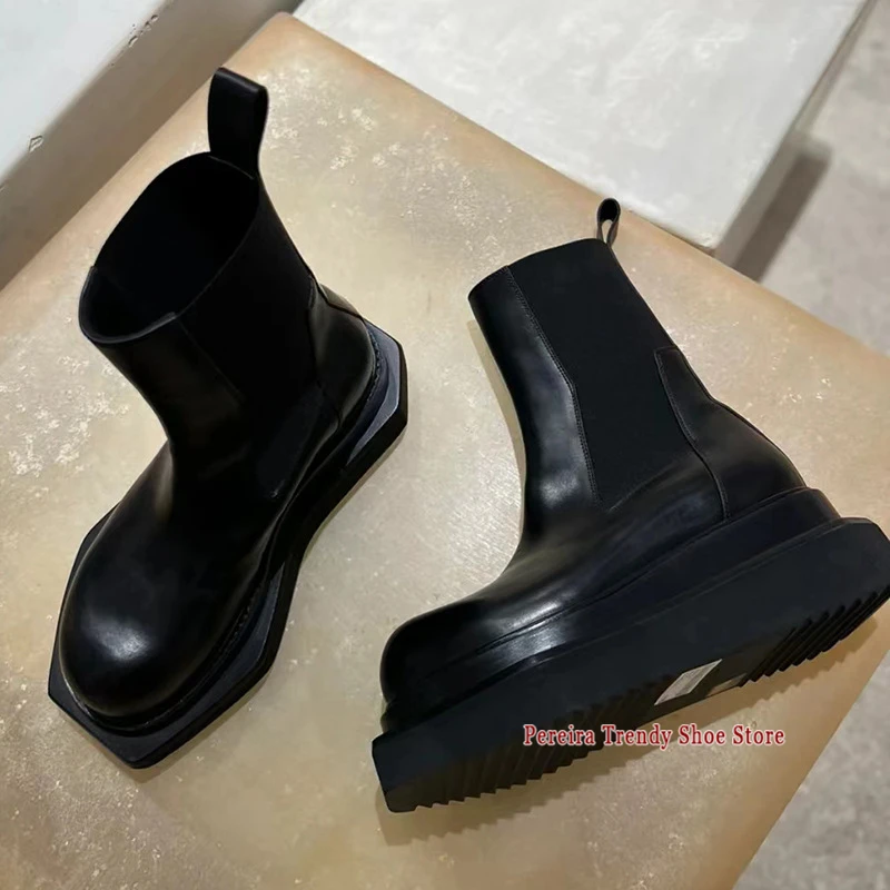 

Men's Square Toe Thick Soled Chelsea Boots Trendy Versatile Retro PU Leather Platform Motorcycle Boots Street Style Male Shoes