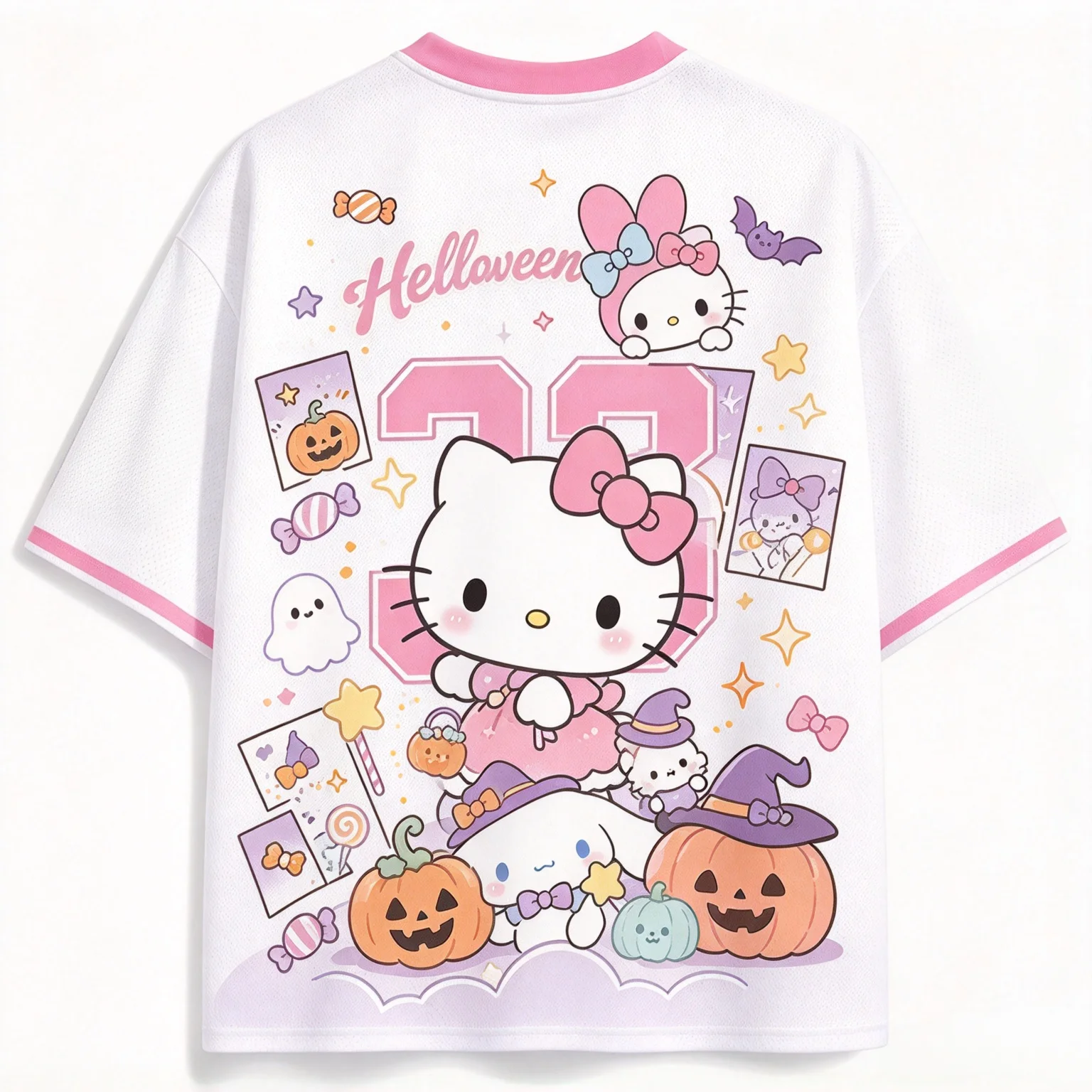 2026 Hello Kitty 3D Print Mesh Football Jersey Halloween Witch Pumpkin Ghost Unisex Summer Kawaii Y2K Streetwear Breathable Tops