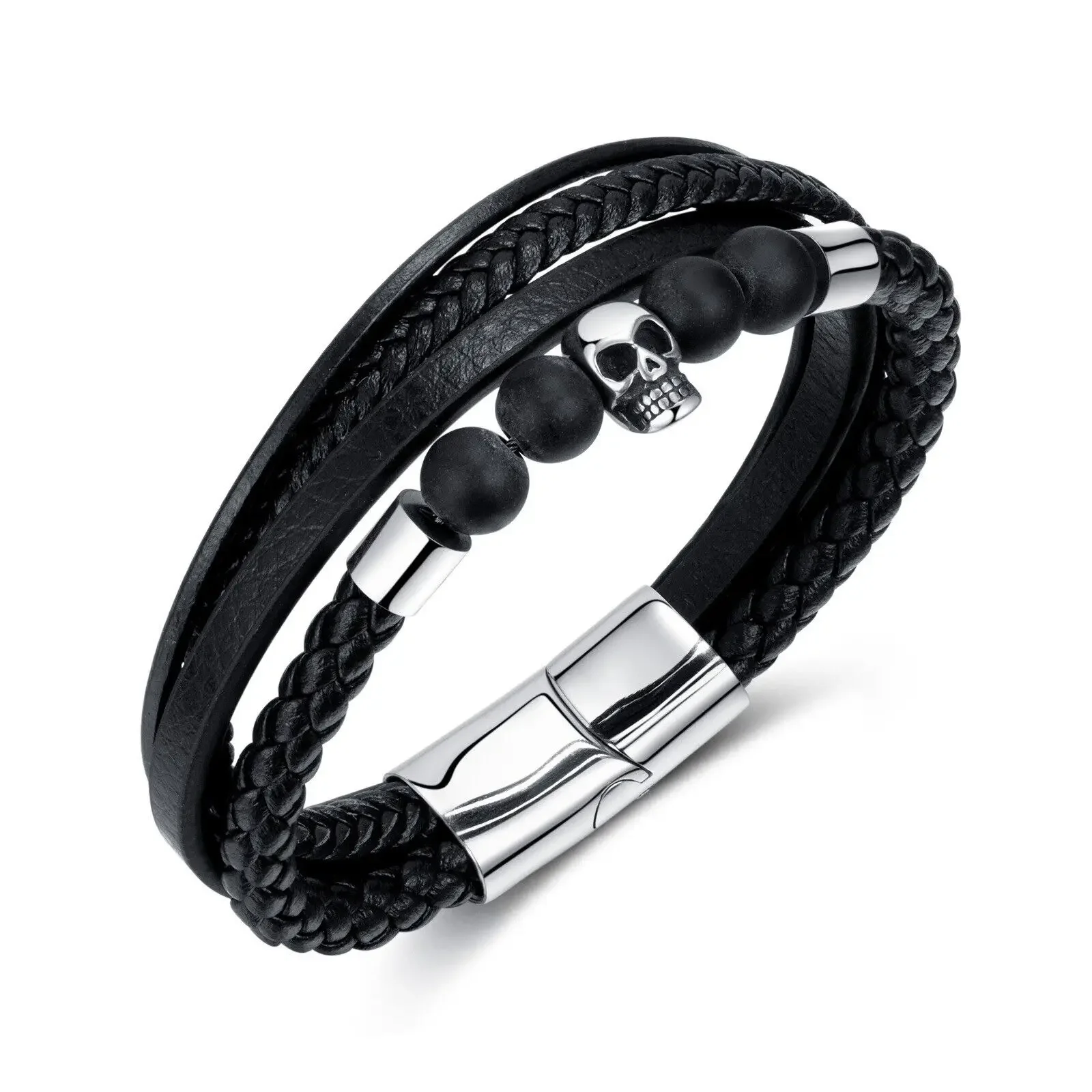 

CHUANGCHENG Vintage Design Stainless Steel Skull Beads Multi-Layer Woven Cuff Bracelet