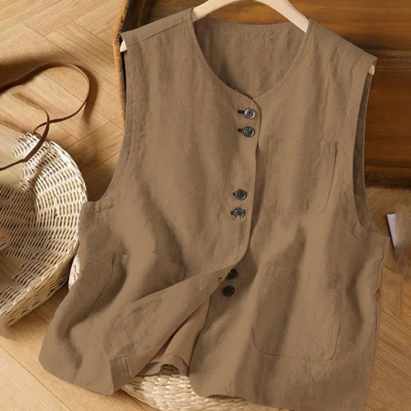 Summer Versatile High-End Women's Cotton and Linen Blazer-Style Cardigan Loose-Fitting Linen Sleeveless Top for Women