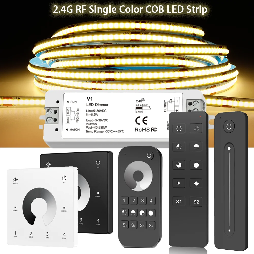 

COB LED Strip Set 480 LEDS/M 3000K 6000K RA90 LEDTape 4-zone Glass Touch Remoter V1 2.4G RF LED Controller For HomeDeco