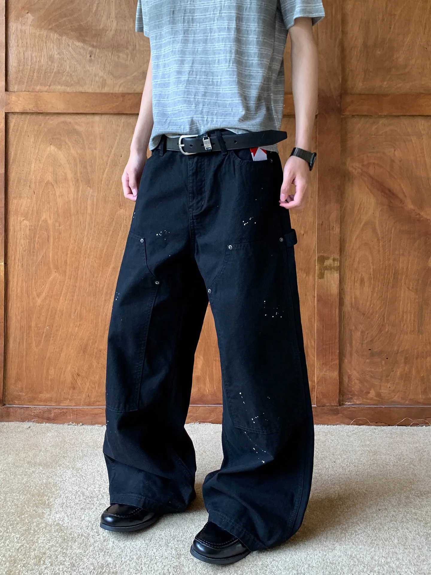 

American High Street Retro Splashed Ink Smoke Box Embroidered Deconstructed Carpenter Pants Loose Casual Straight Leg Jeans f...