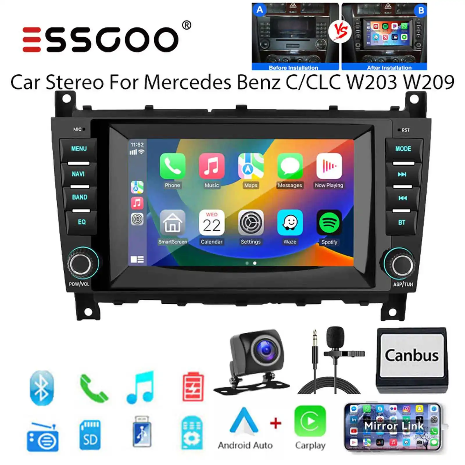 ESSGOO Autoradio 2+32G Bluetooth Android 15met Draadloze CarPlay, Android Auto, RDS, GPS Navi, Camera voor Mercedes Benz C/CLC Klasse W203, W209. Complete Multimedia-oplossing voor jouw Auto.