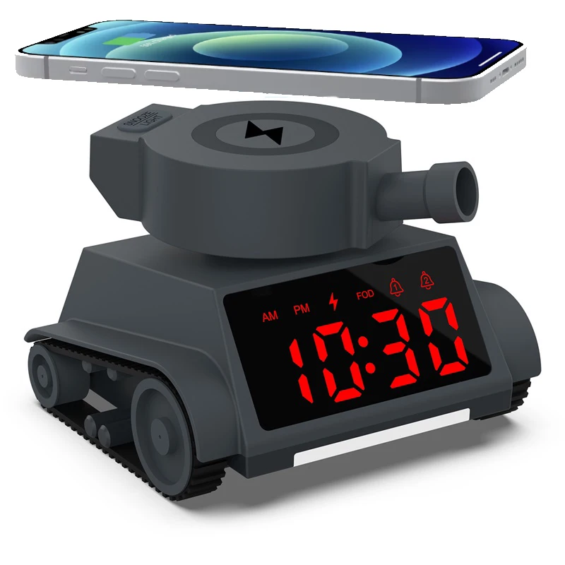 

2025 New Tank Design Wireless Charging Station Alarm Clock Night Light Fast Charging for Iphone