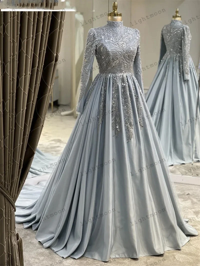 

Elegant A-Line Prom Dress Satin Evening Dresses Full Sleeves High Neck Ball Gowns Embroidery Appliques Vintage Vestidos De Gala