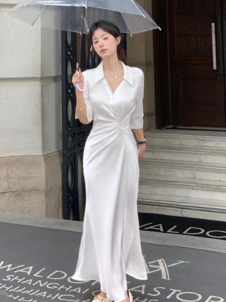 Autumn Elegant Shirt Dresses for Women V-neck Long Sleeve Bodycon Mermaid Slim Waist Korean Chic One Piece Office Lady Vestidos