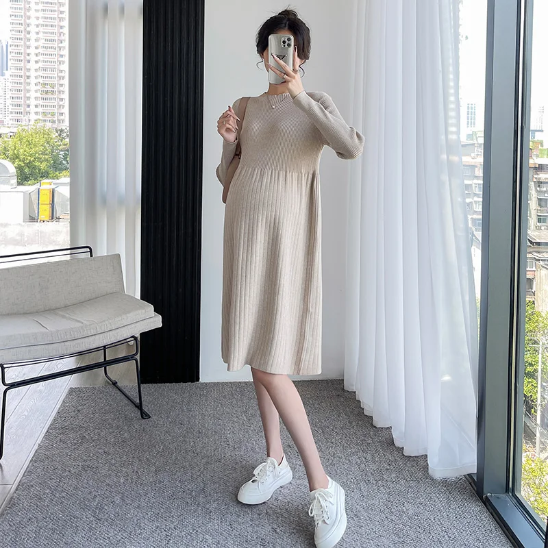 5086# Autumn Winter Fashion Knitted Maternity Sweaters Dress Elegant A Line Loose Clothes for Pregnant Women Pregnancy