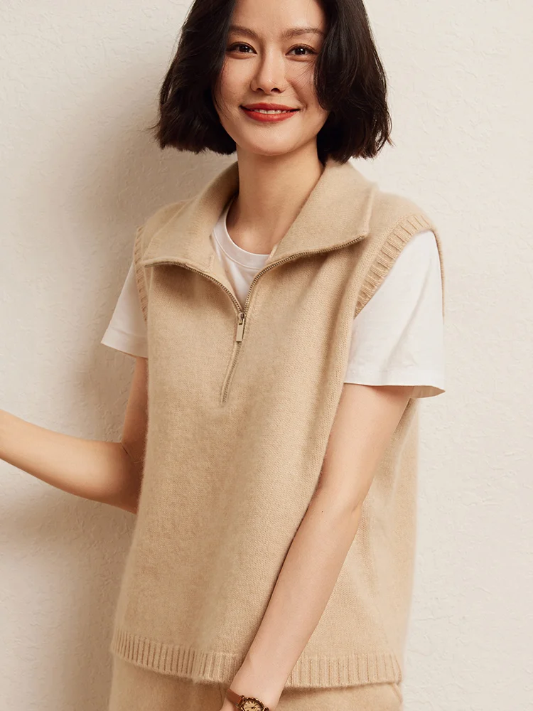 

High Neck Vest Sweater Pullover Autumn Winter Waistcoat 100% Cashmere Vest Women's Sleeveless Clothes Lapel Warm Layering Office