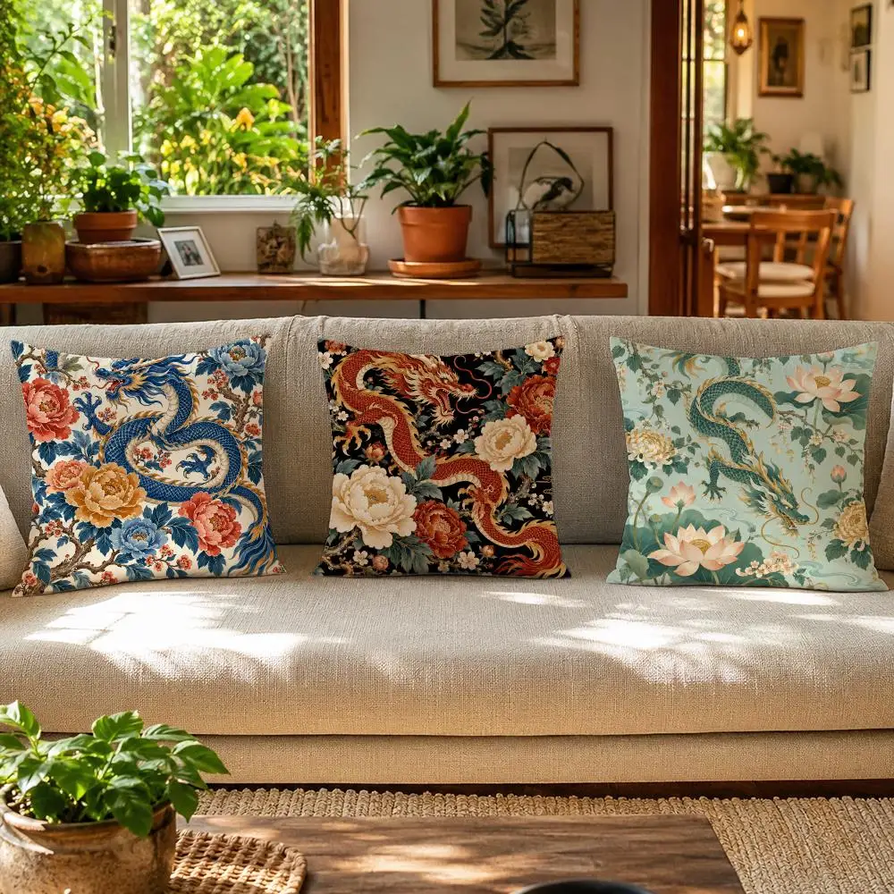 Dragon Chinoiserie Asian Culture Pattern Cushion Cover Skin-Friendly Linen Pillow Cover Durable Hypoallergenic Washable Soft