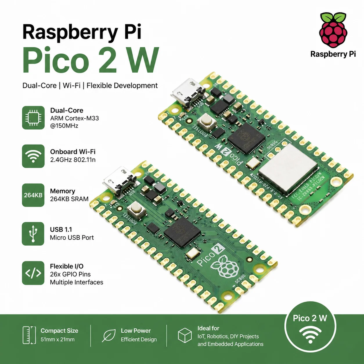 Raspberry Pi Pico 2 W Development Board RP2350 Dual-Core Microcontroller with 2.4GHz WiFi USB Programming Module Wireless