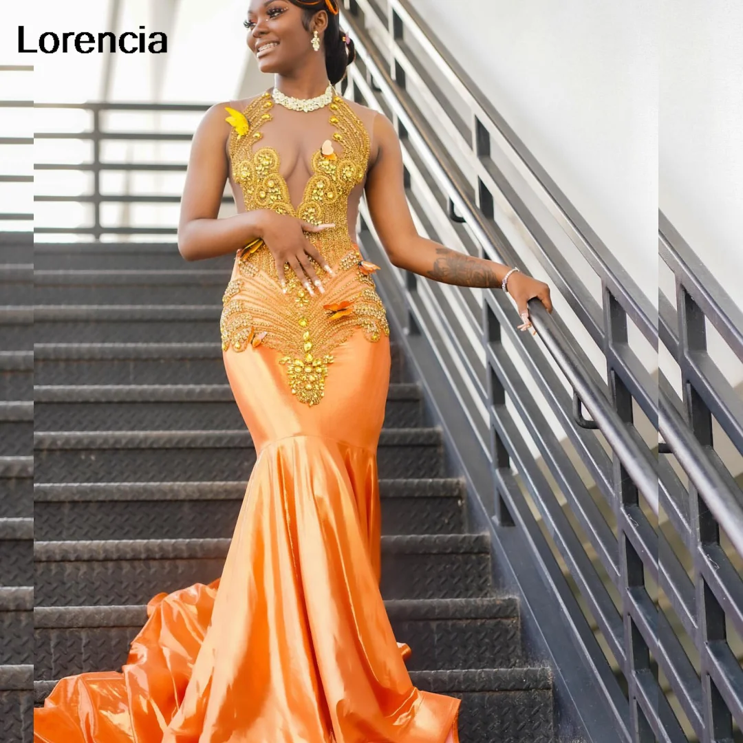 Vestido Lorencia-laranja para meninas negras, strass cristal dourado, vestido de festa frisado, vestido sexy sereia, YPD125, 2024