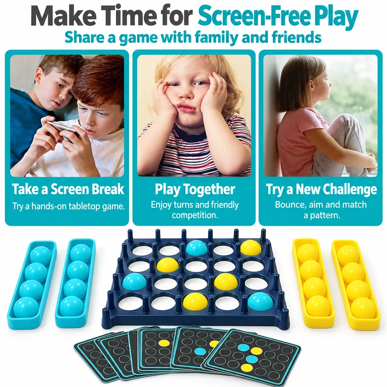 Bounce Ball Board Game for 2-4 Players Tabletop Pattern Matching Game with 16 Balls and 9 Cards for Family Party Play