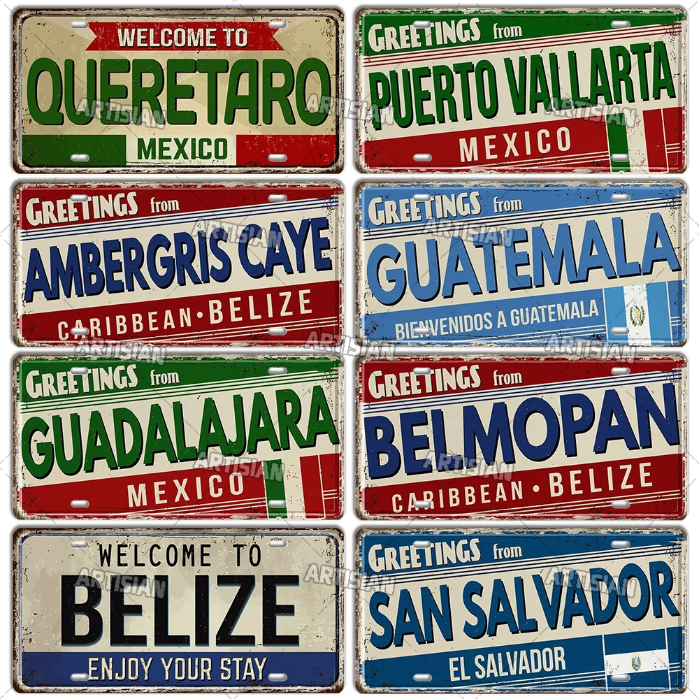 Artisian MEXICO COSTA RICO BELIZE Honduras Landmark License Plate City State Decorative Car Plate Latin America Metal Plaque