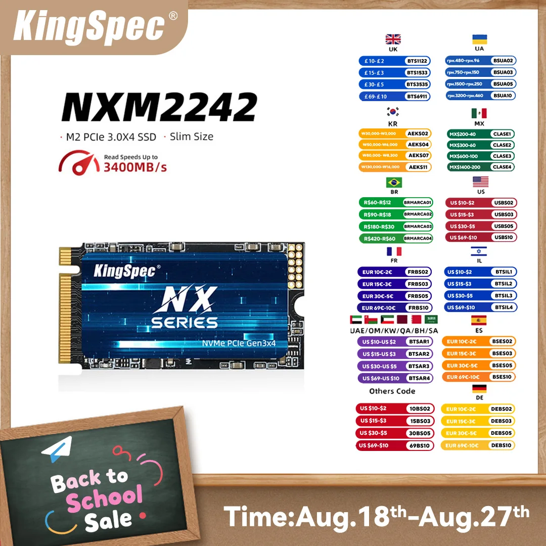 KingSpec M.2 NVMe PCIe 3.0 X4 SSD 256 GB 1 TB 128 GB 512 GB SSD M.2 2242 PCIe Disco rigido Disco a stato solido interno per laptop