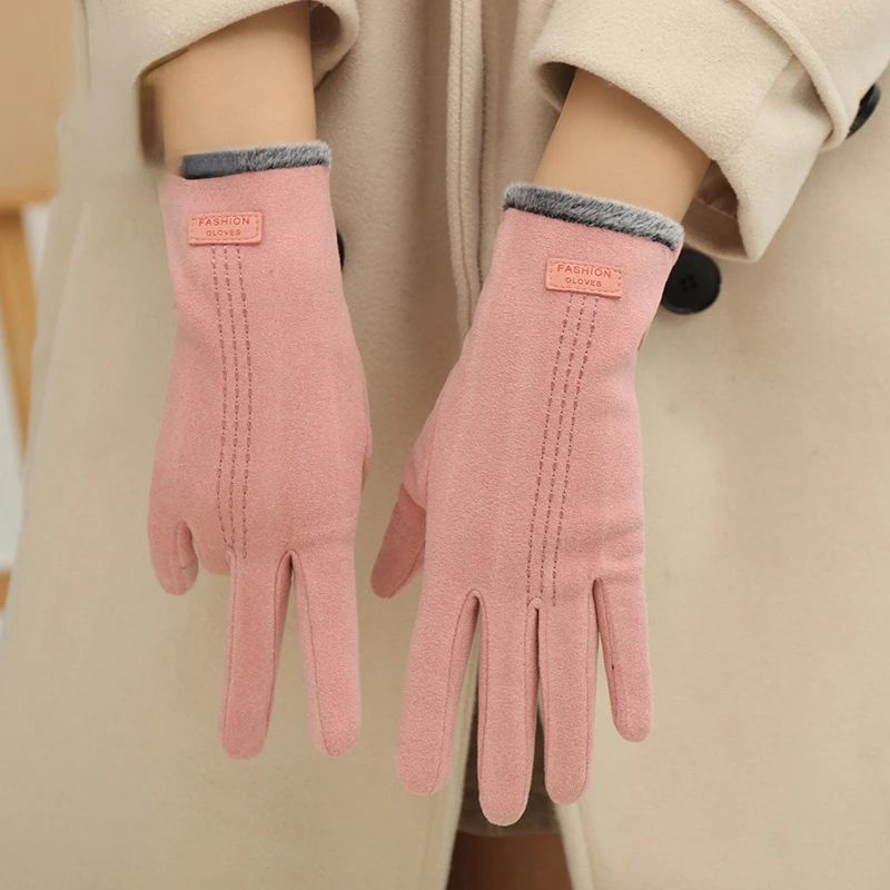 Winter Women's Gloves Vintage Windproof Touch Screen Keep Warm Velvet Gloves for Women Plush Riding Driving Solid Color ST2207