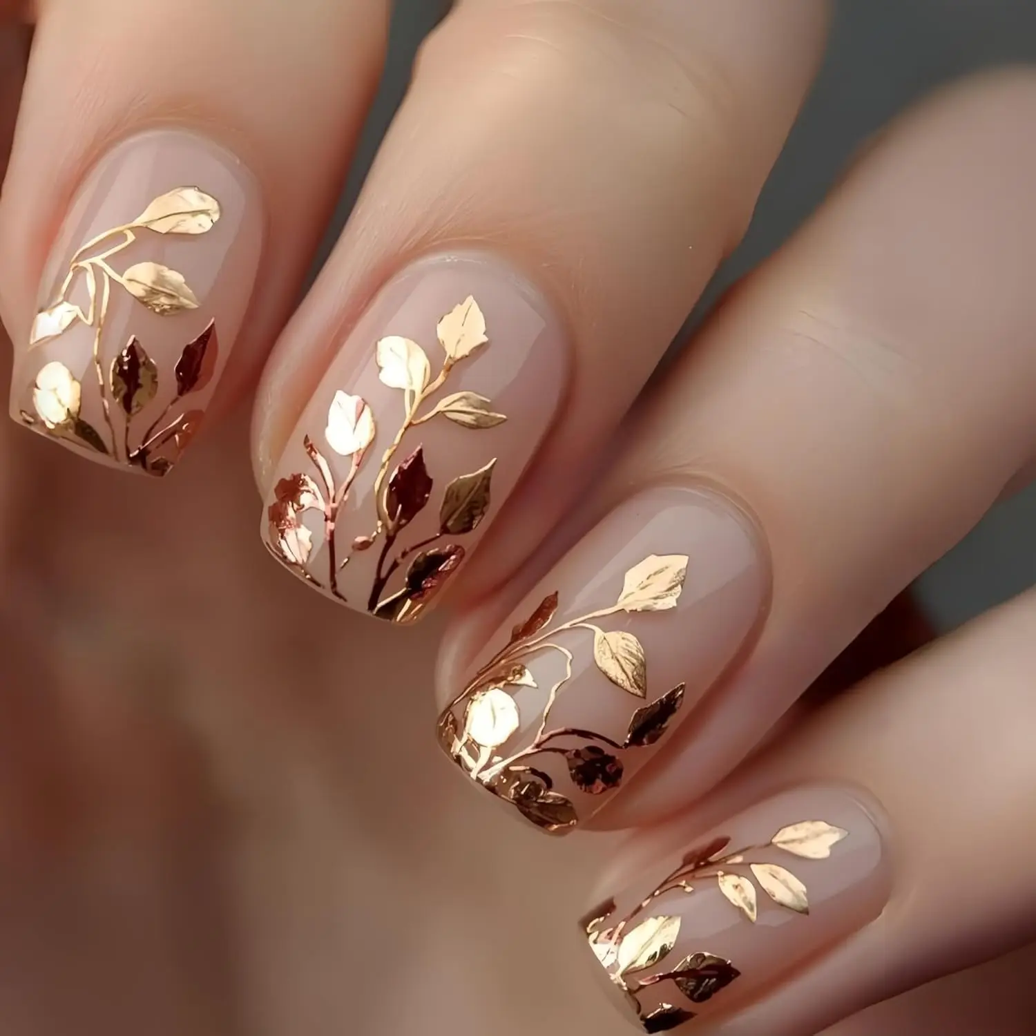 Gold Embossed Leaves Press on Nails Short Square Fake Nails Leaf French False Nail Design Gold Leaves Glossy Acrylic Nails 24Pcs