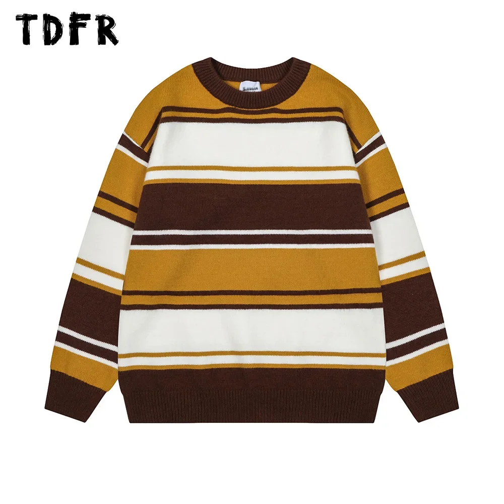 Jacquard Striped Sweater Mens Retro Streetwear Autumn Winter Loose Crew Neck Long Sleeve Knitted Pullover Men