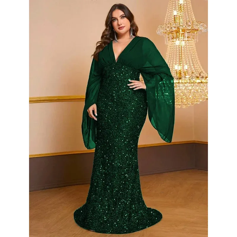 Plus Size 4xl 5xl Fishtail Floor-Length Evening Dress, Sequined, Chiffon, Long-Sleeved, V-Neck, Big Size, Luxury, Plus Size