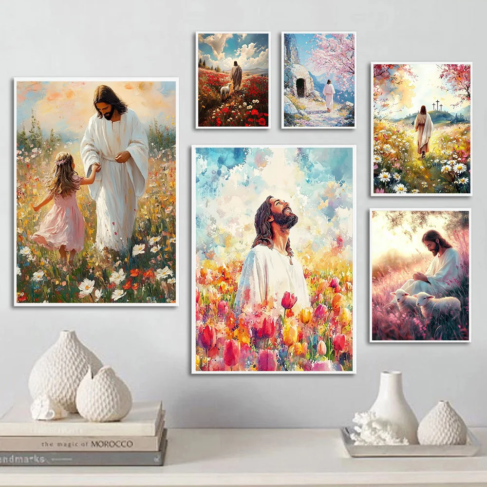 Graffiti Christian Jesus With Child Art Posters Christian Faith Jesus Walking In Flower Field Canvas Painting Bedroom Home De