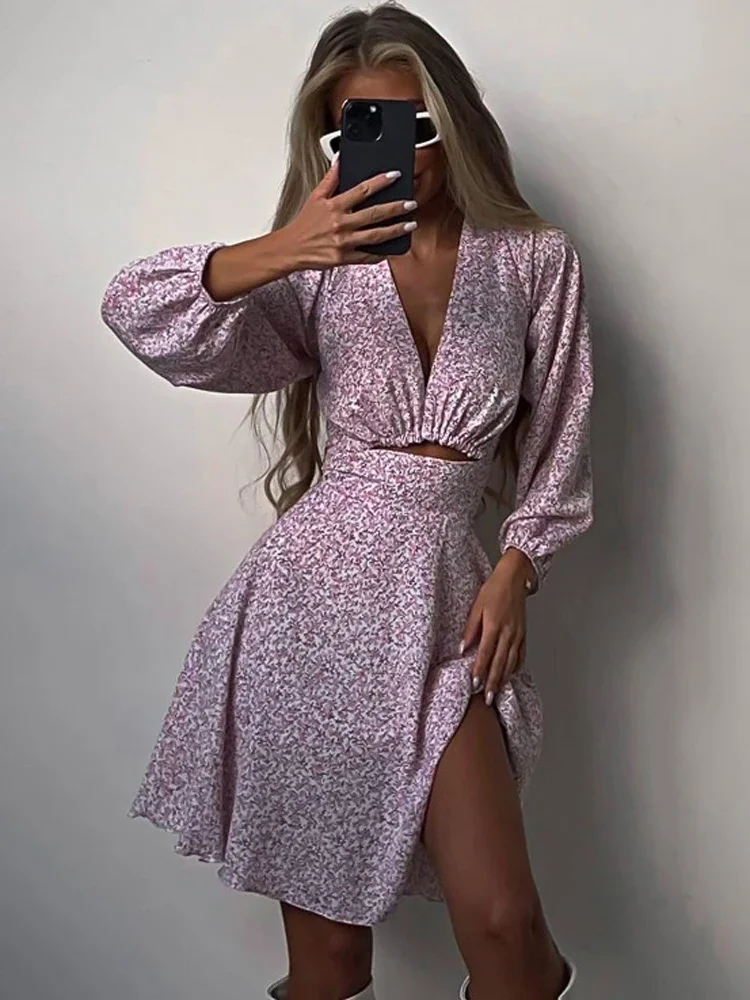 

V-Neck Printed Mini Dress For Women Summer 2023 Fashion Hollow Out Elegant Long Sleeve Dress Outfits Patchwork Slin Dress