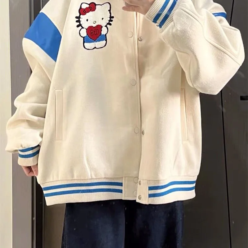 Cute Hello Kitty Baseball Uniform Kawaii Cartoon American Style Retro Loose Simple Autumn Winter Couple Jacket Top Girl Gifts