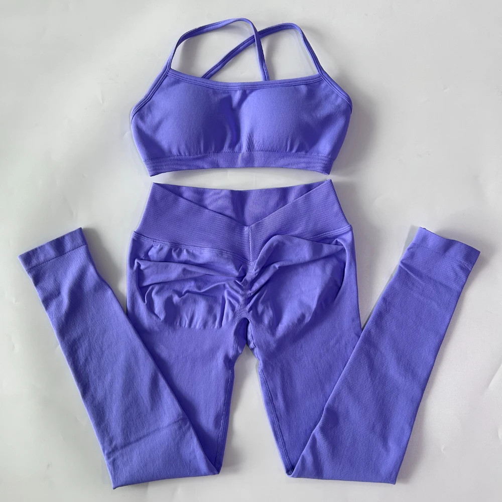 2-teiliges Gym-Set für Damen, Nahtlose Scrunch-Yoga-Leggings, Rückenfreier Sport-BH, Fitness-Workout-Top, Yoga-Set-Outfits – Detail 8