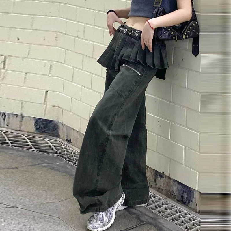 Oversized vintage vintage vintage irregular pleated skirt edges, two pairs of jeans, women's loose casual hanging pants