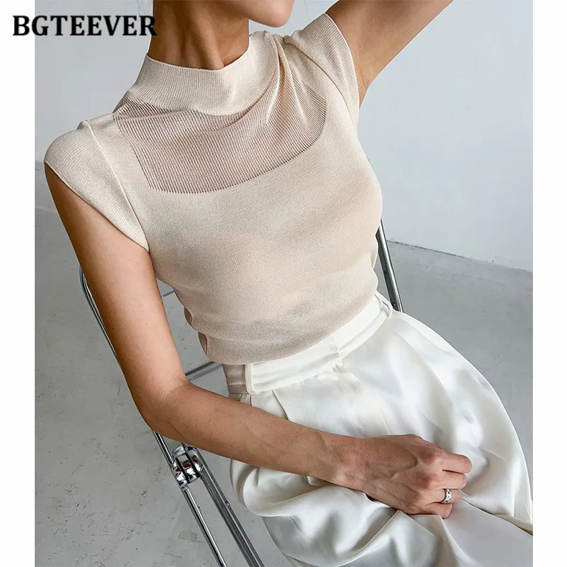 BGTEEVER Elegant Half High Collar Ladies T-shirts Summer Female Skinny Knitted Tops Women Cotton Tees