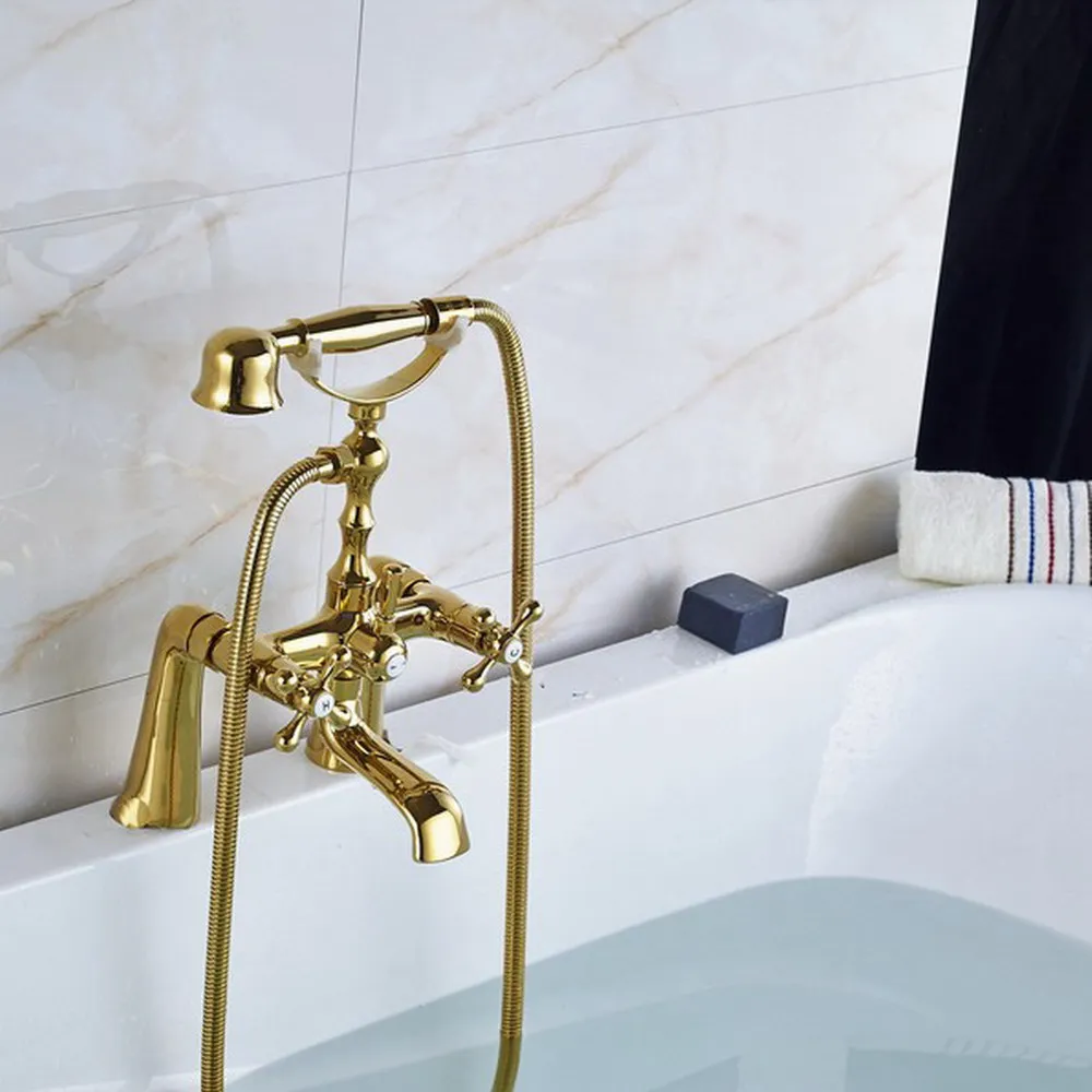 

Deck Mount Modern Luxury Gold Brass Bathroom Tub Faucet Set with 150CM Handheld Shower Spray Head Bath Mixer Tap 2tf085