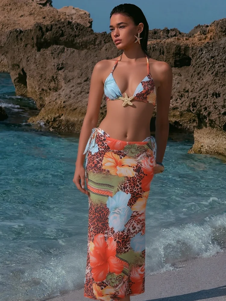 Nibber Vacances Femmes 3 Pièce Ensemble Maillot de Bain Plage Style Coloré Imprimer Bandage Soutien Gorge + Slips Maxi Jupes Minuit Club Party Costume