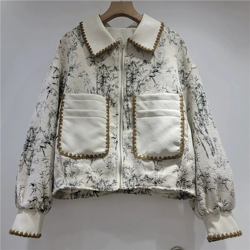 Autumn Korean Casual Apricot Women Short Jacket Fashion Print Faux PU Leather Big Pocket Patchwork Lapel Long Sleeve Female Coat