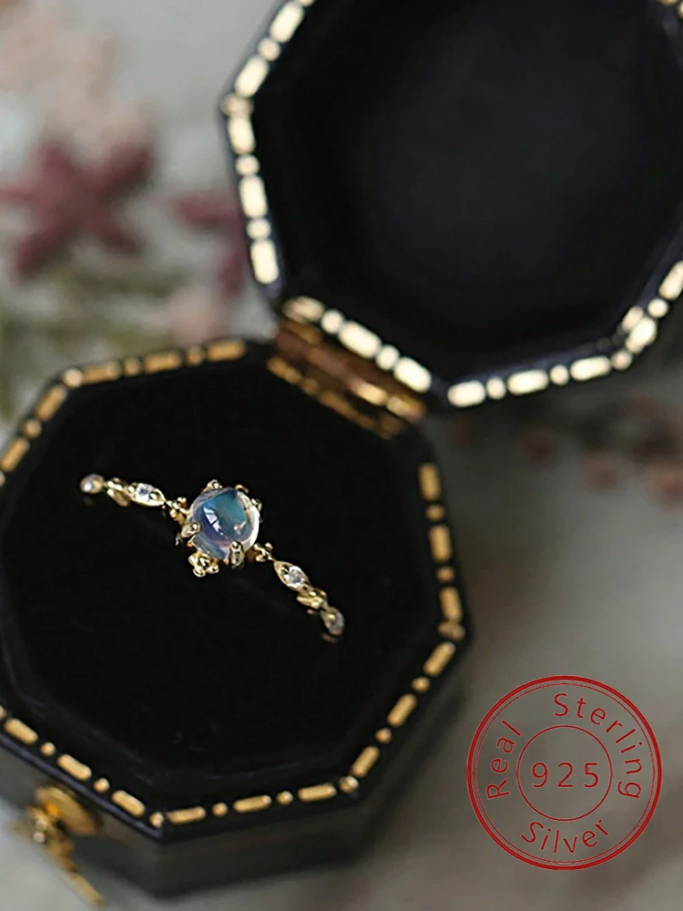 925er-Sterlingsilber, fortschrittlich, personalisierbar, lässig, Mondstein-Ringe für Damen, Original-Ring, hochwertige Goldfarbe, edler Schmuck