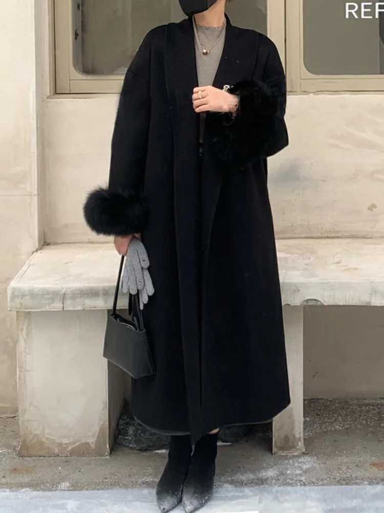 FANAN Elegant Fox Fur Sleeve Design Wool Coats For Women Lapel Belt Gathered Waist Thick Warm Female Outwear 2025 Winter New