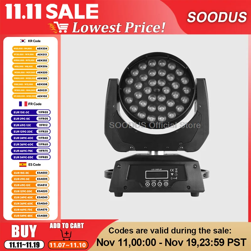 

RDM Smart Moving Head Par Light Full Color Wash Lights 36 LEDs Stage Effect Spotlight for DJ Disco Wedding Show Concert Lighting
