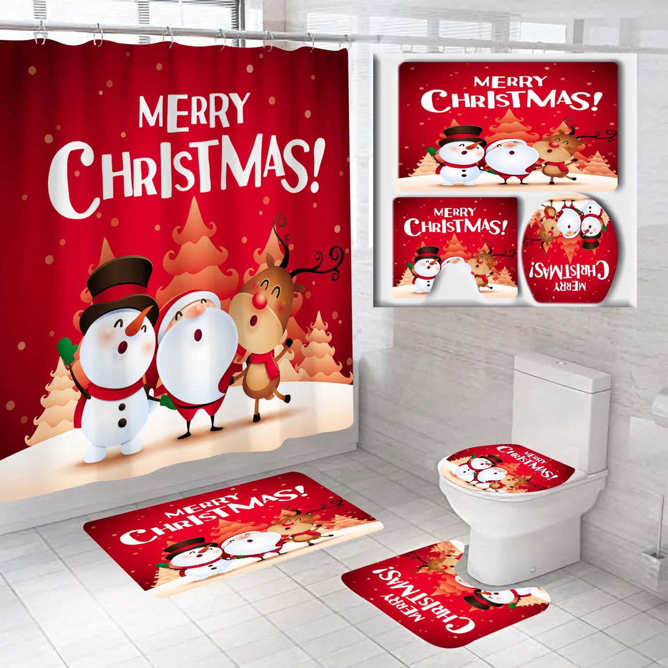 

Christmas Decor 4-Piece Bathroom Set: Shower Curtain with Non-Slip Mats, Toilet Seat Cover & Bath Carpet - Durable & Waterproof