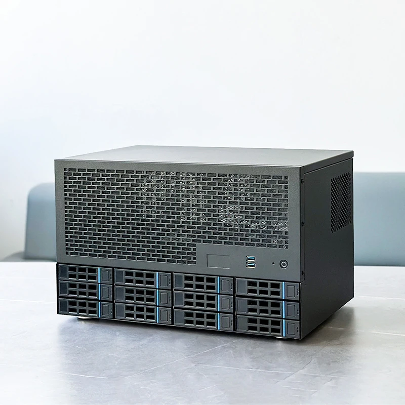 12-bay NAS chassis with 8 full-height expansion slots; supports ATX motherboards and ATX power supplies; compatible with 2.5-inc