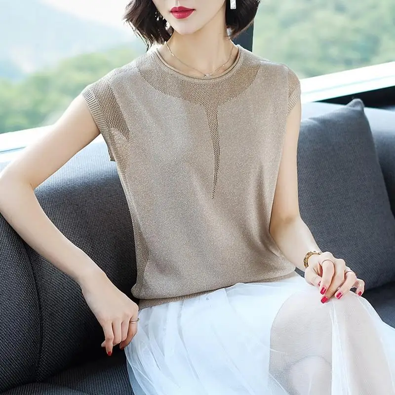 Summer New Bright Silk Female Clothes 2023 Round Neck Hollow Out Casual Tops Women Ice Floss Loose Knitting T-shirt